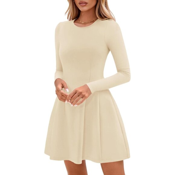 Long Sleeve Beige Mini Dress Women Fall 2025 Crewneck Line Babydoll Casual - Picture 7 of 8